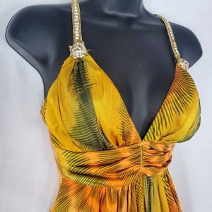 JAGUAR GOLD CRYSTAL STRAP YELLOW COCKTAIL DRESS